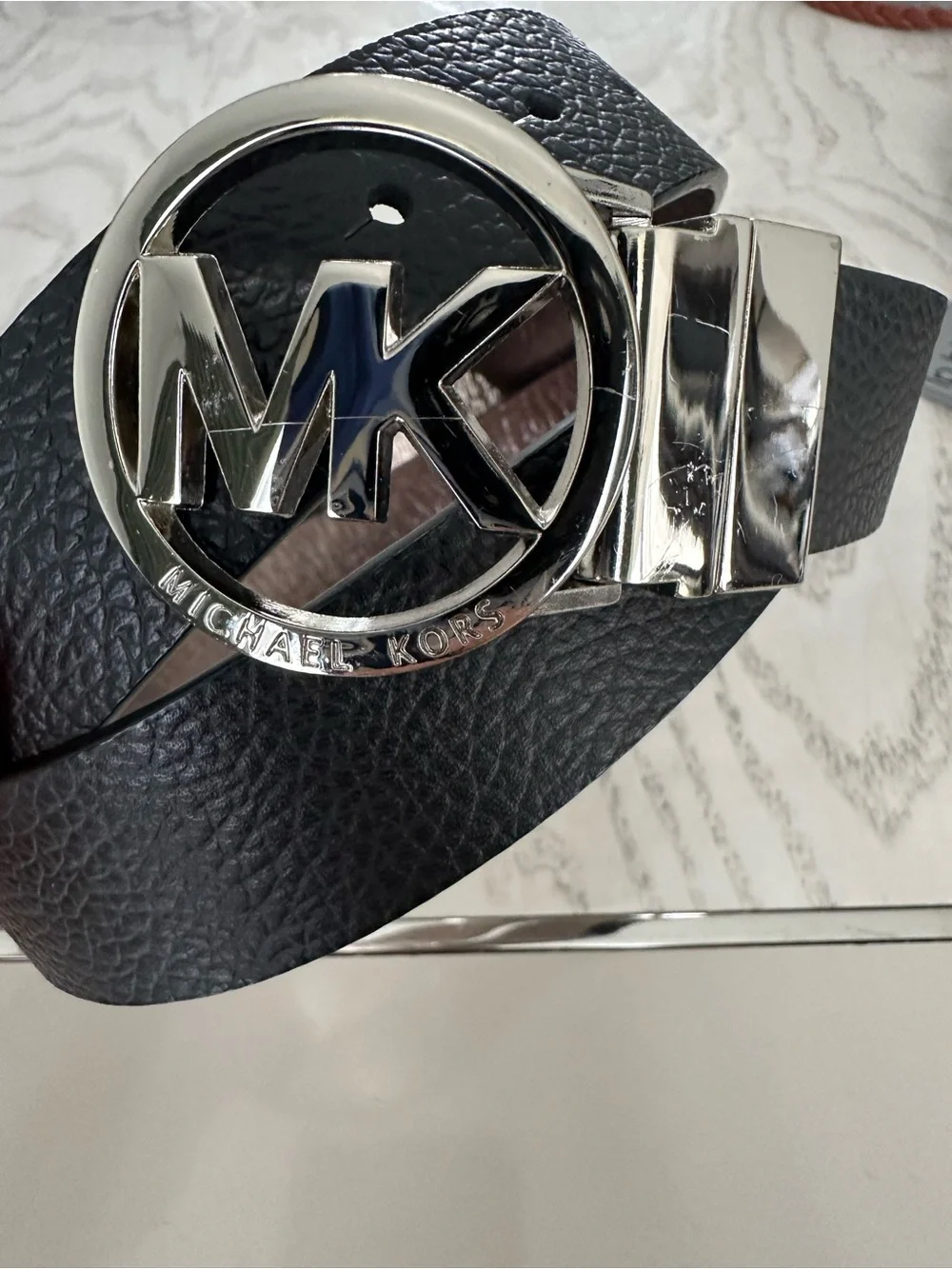 Michael Kors Reversible Black Leather Belt with Silver MK Circle Buckle